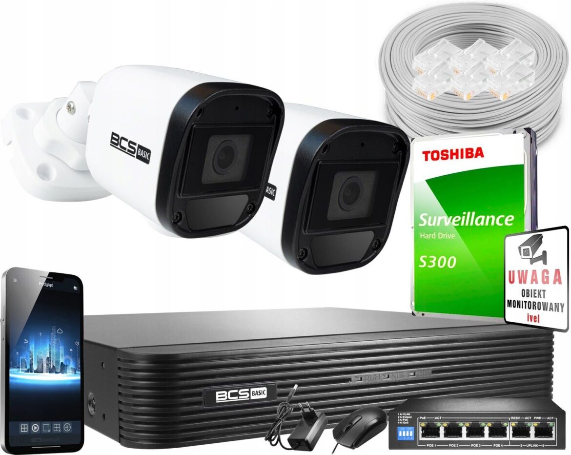 BCS ZESTAW DO MONITORINGU IP 5MPX 2K+ IR30M +1TB BNVR040120I+BTIP15FR3X2+1TB