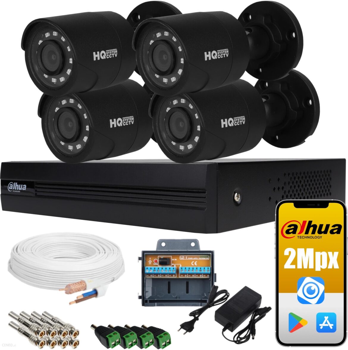 Dahua Zestaw 4 Czarnych Kamer Hq 2Mpx Fullhd 1080P