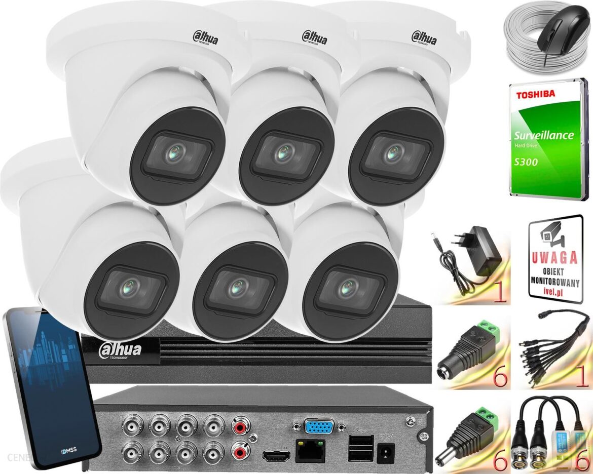 DAHUA ZESTAW DO MONITORINGU 6X HAC-HDW1200TLMQ-0280B-S5, REJESTRATOR 8 KANAŁOWY DH-XVR1B08-I