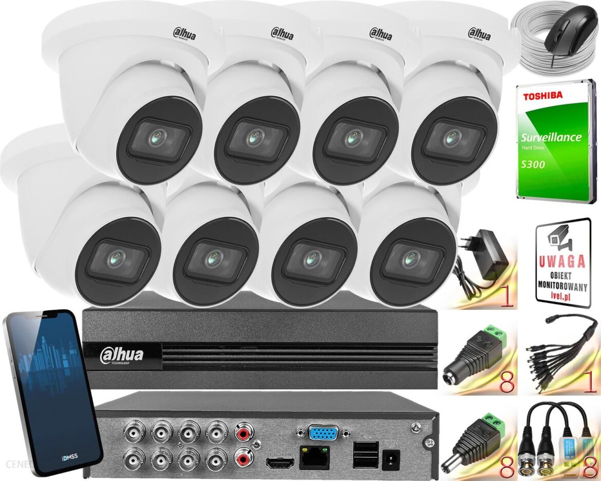 DAHUA ZESTAW DO MONITORINGU 8X HAC-HDW1200TLMQ-0280B-S5, REJESTRATOR 8 KANAŁOWY DH-XVR1B08-I