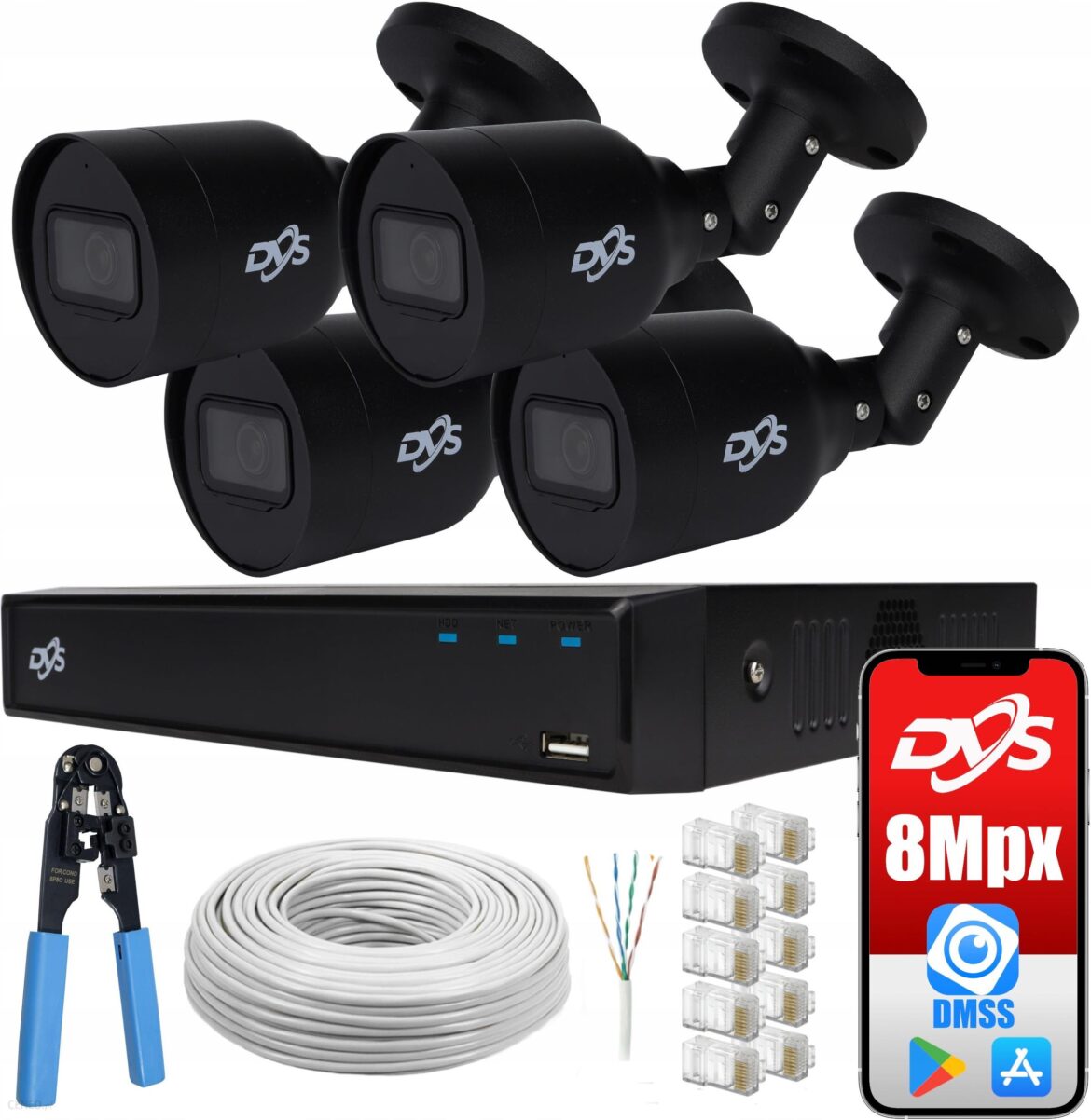 Dvs Zestaw Monitoringu 4 Kamery Ip Czarne 8Mpx 4K Poe