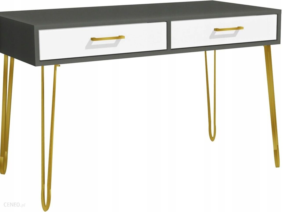 Modi Meble Biurko Glamour Szare Białe 100X50 Loft Złote Nogi