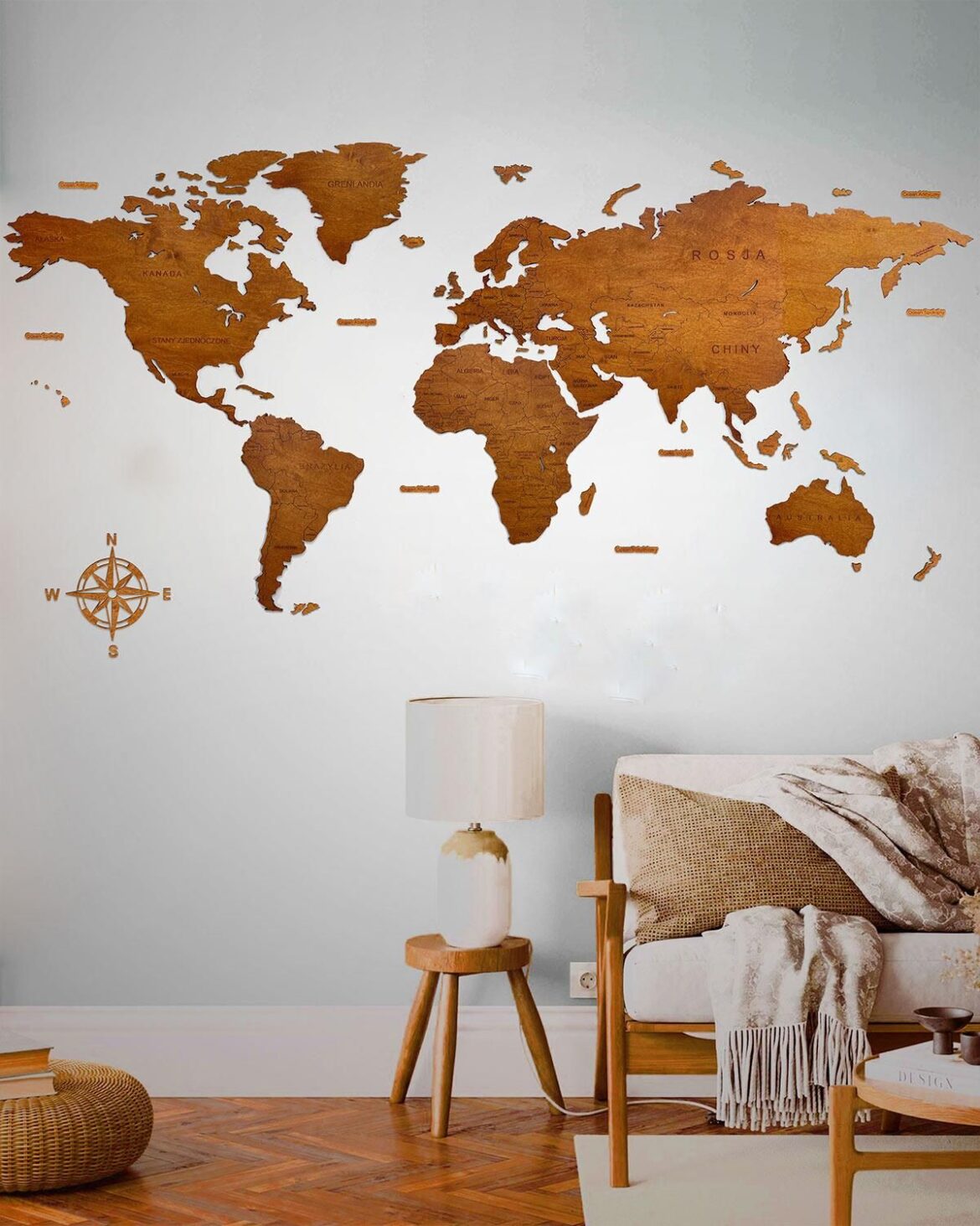 Sikorka.Net Drewniana Mapa Świata Classic Z Podpisami Państw 120X60Cm Pakiet L Orzech 12 Mm